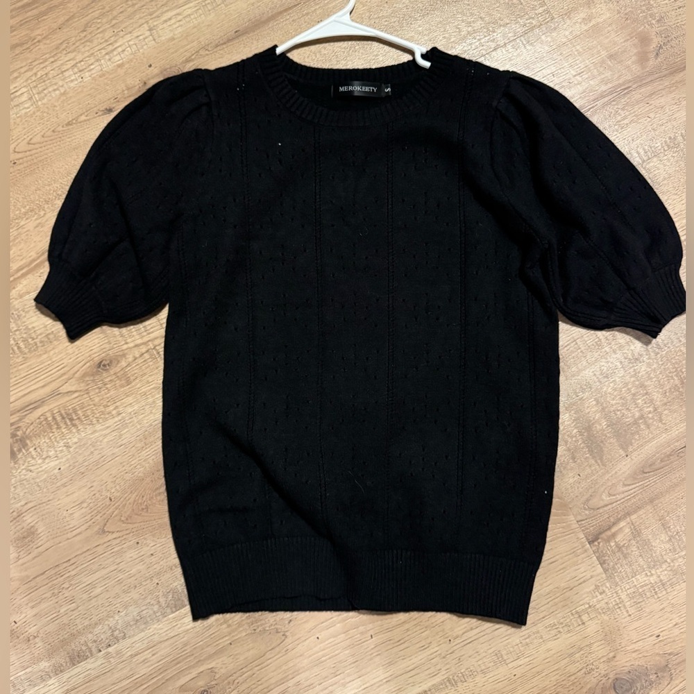 Merokeety Black Puff Sleeve Pointelle Knit Sweater Top Small - Picture 8 of 8